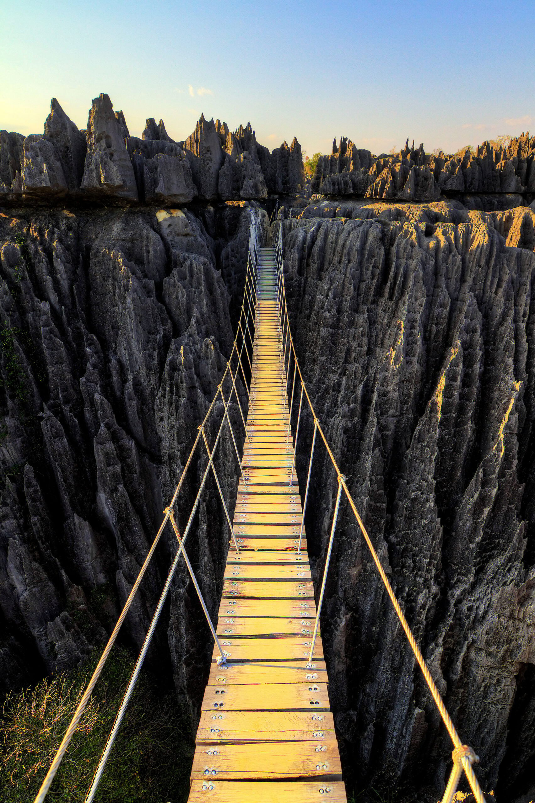 Beautiful HDR view on the bridge over the canyon at the Tsingy de Bemaraha Strict Nature Reserve in Madagascar